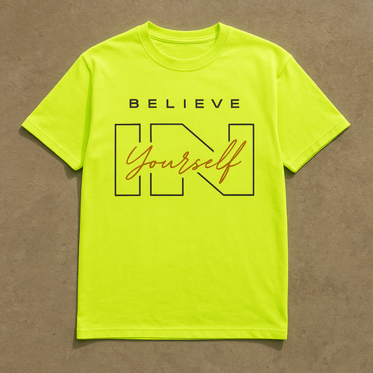 Believe In Yourself – Oversized Graphic Tee (Neon Yellow & Marron)