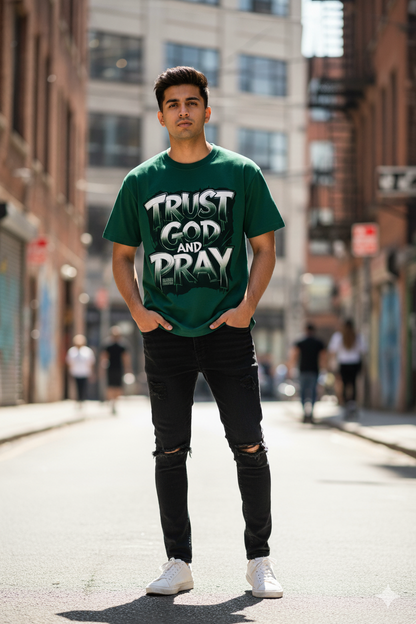 Trust God & Pray – Oversized Graphic Tee (Beige,Green)