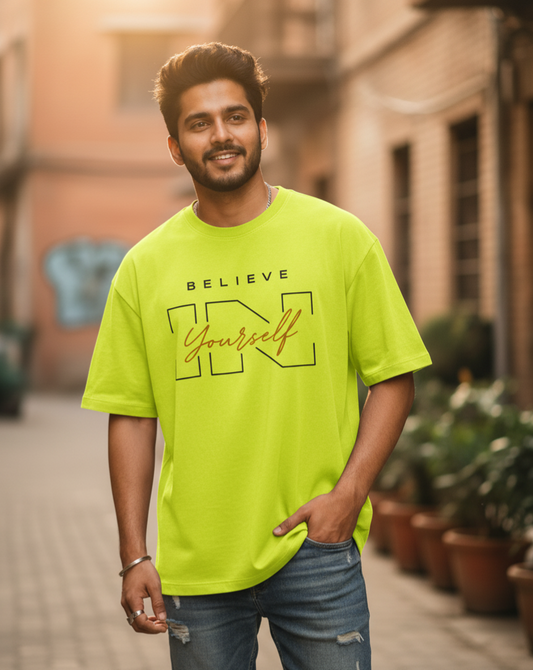 Believe In Yourself – Oversized Graphic Tee (Neon Yellow & Marron)