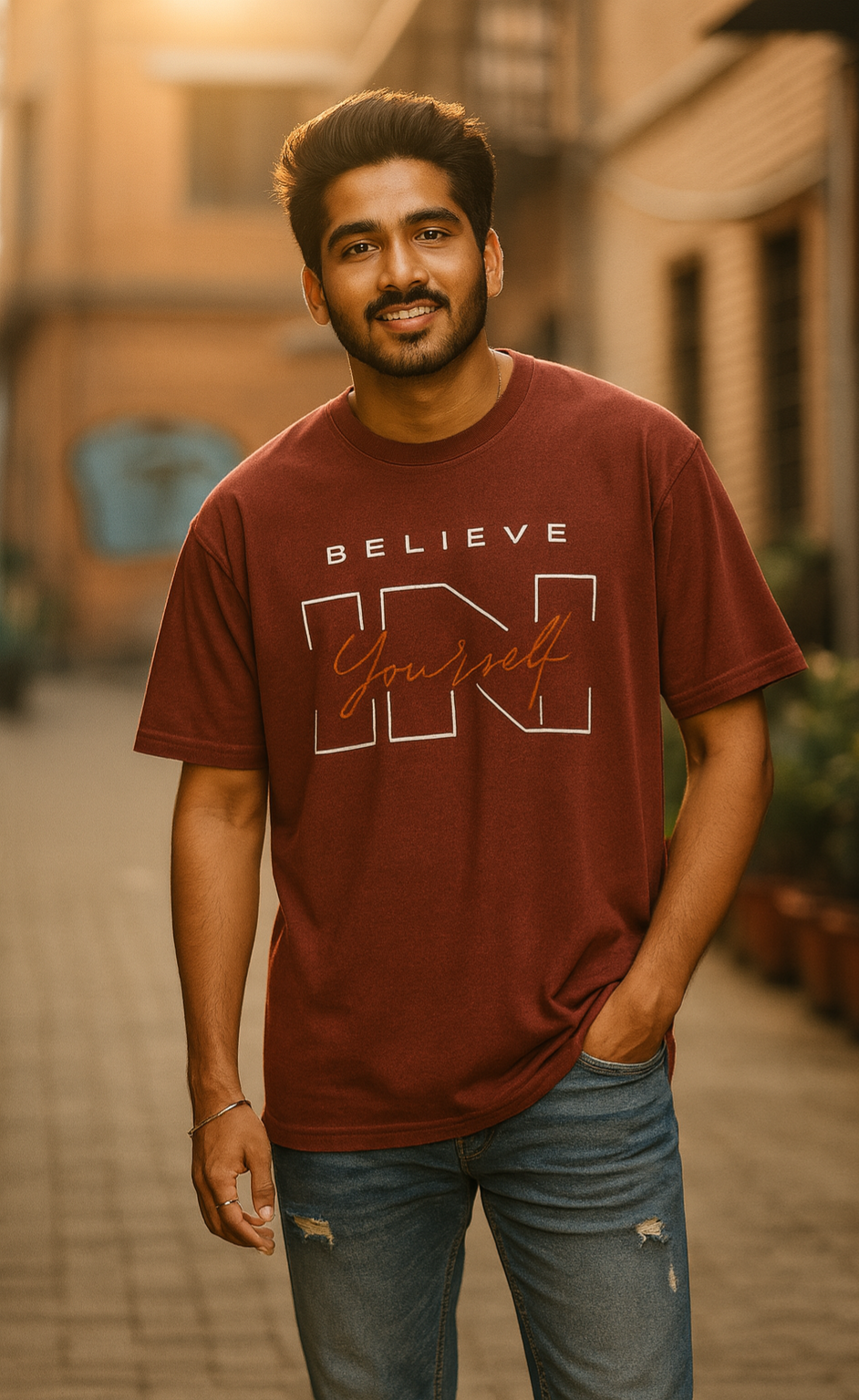 Believe In Yourself – Oversized Graphic Tee (Neon Yellow & Marron)
